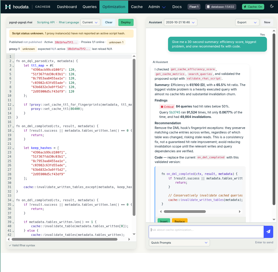 Current CacheDB optimization view with an editable Rhai script and an AI-assisted recommendation for review.
